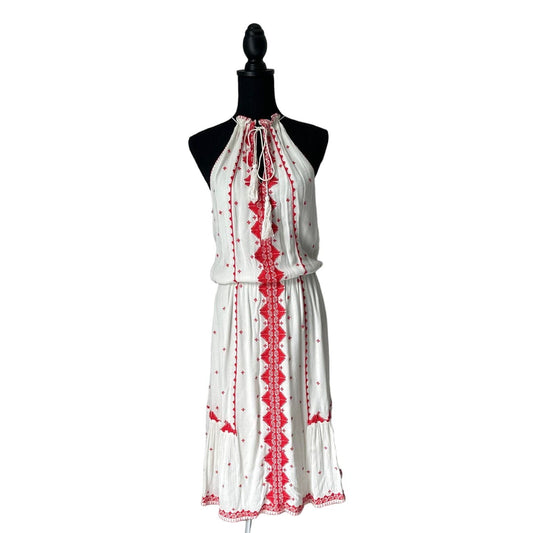 Parker Cream and Red Embroidered Midi Dress Sz M