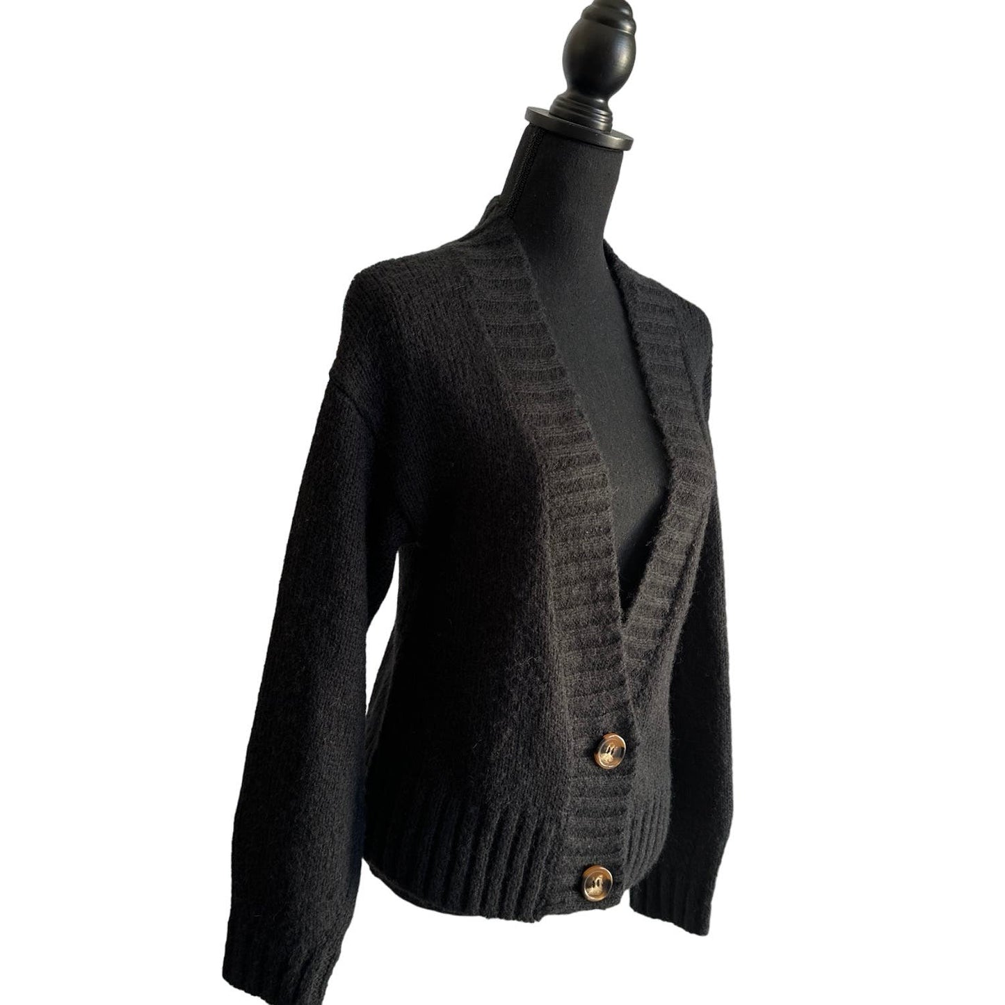 By Anthropologie Deep V Black Wool Blend Cardigan Sz S