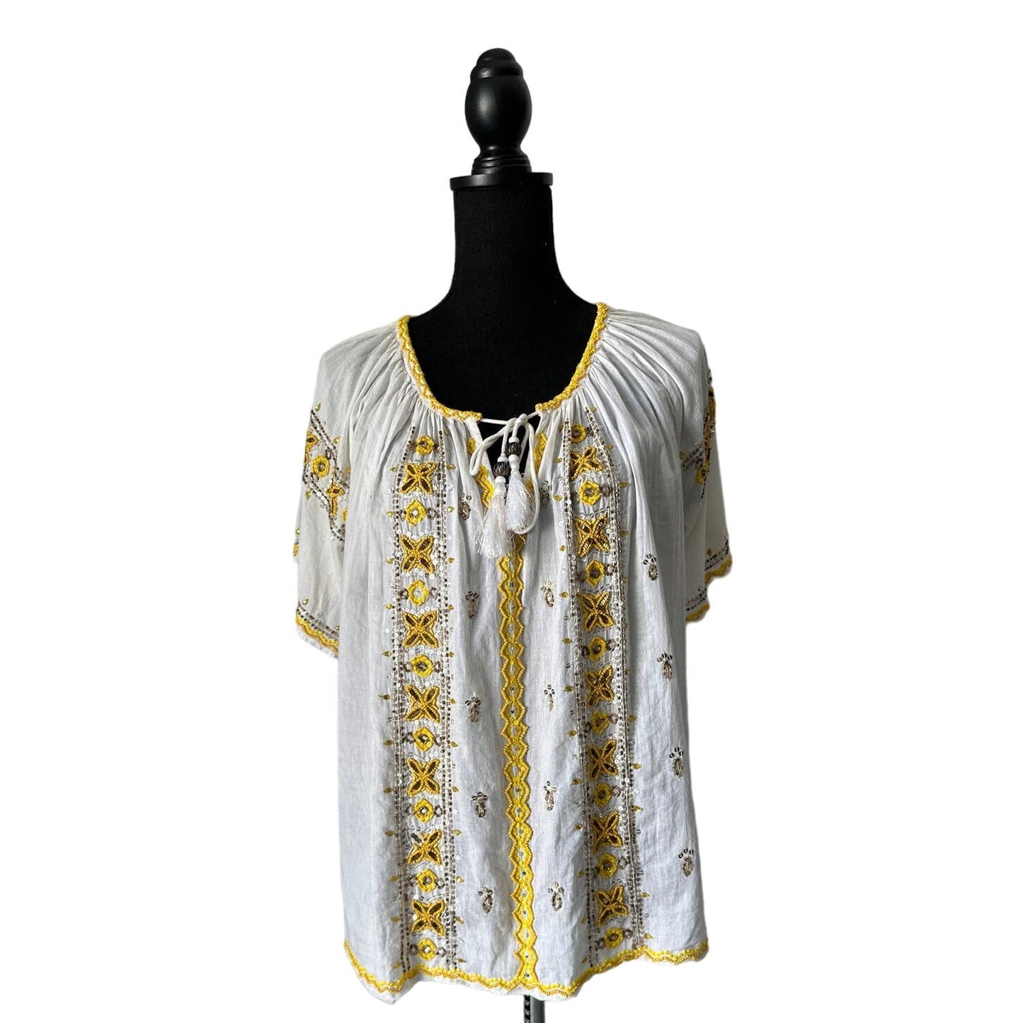 Calypso St.Barth Cotton White and Yellow Beaded Blouse Sz M