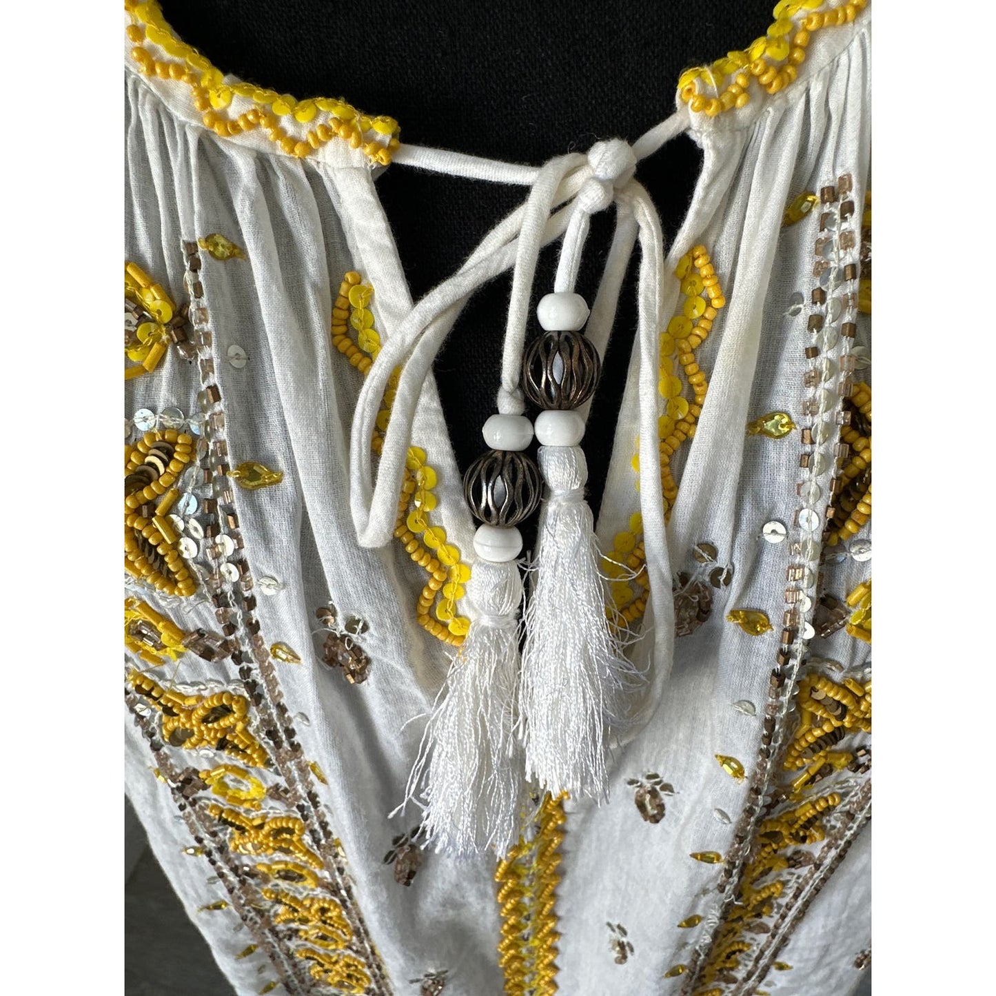 Calypso St.Barth Cotton White and Yellow Beaded Blouse Sz M