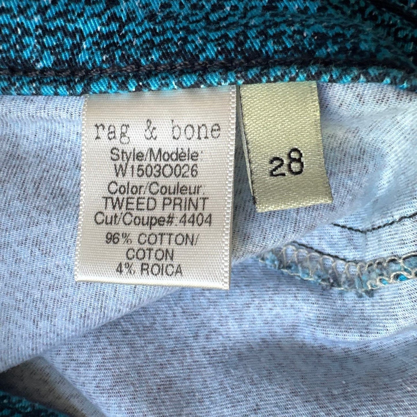 Rag & Bone Tweed Print Teal Skinny Leggin Pants Sz 28