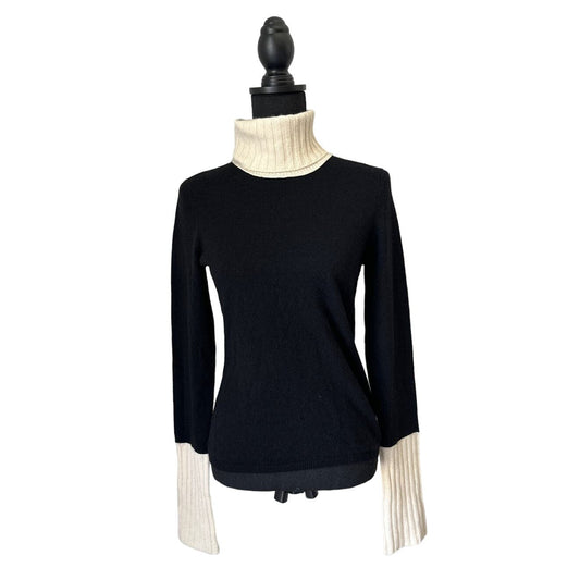 Magaschoni Black and Cream Cashmere Turtleneck Sweater Sz S