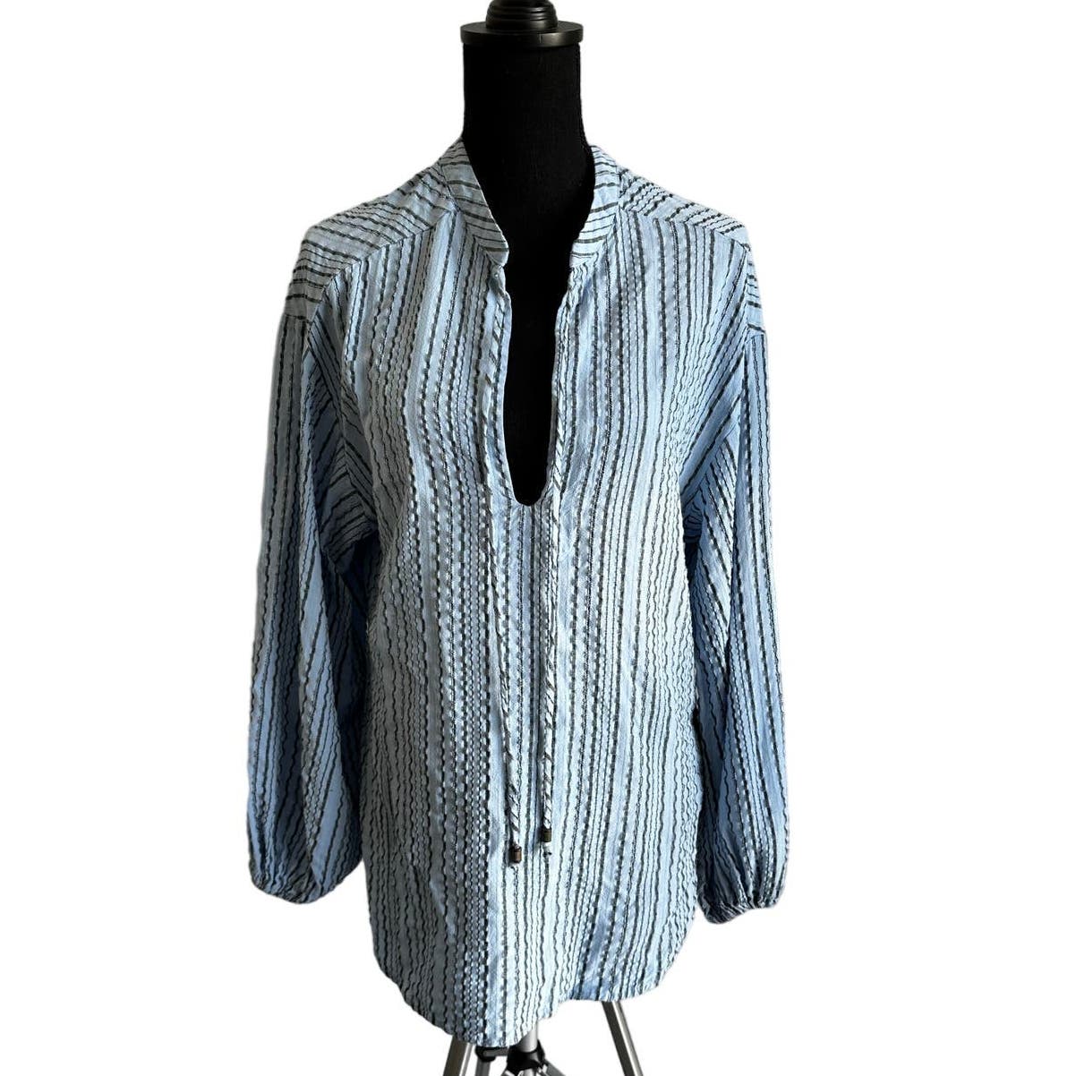 Free People Blue and Gray Stripped Oversized Blouse Sz XS