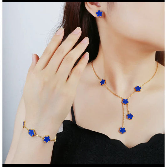 New Classic Stainless Steel Blue Flowers Color Gold Set of Earrings, Necklace and Bracelet