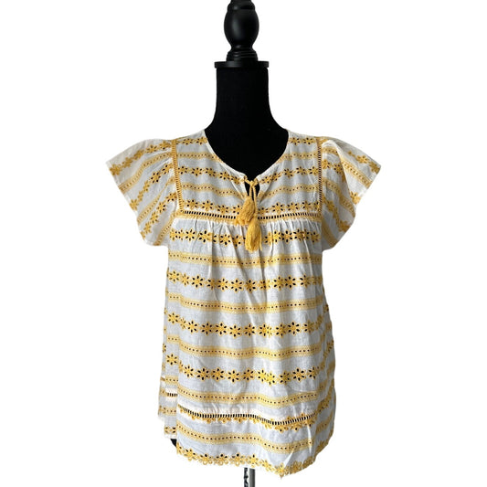 DRA Anthropologie White and Yellow Eyelet Blouse Sz S