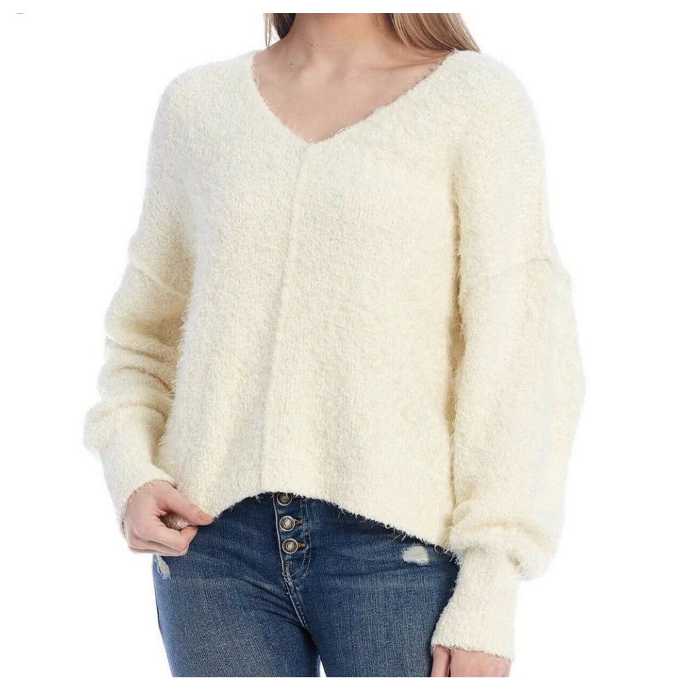 Free People Ivory Fluffy V-Neck Sweater Sz S