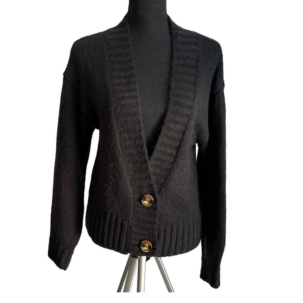 By Anthropologie Deep V Black Wool Blend Cardigan Sz S