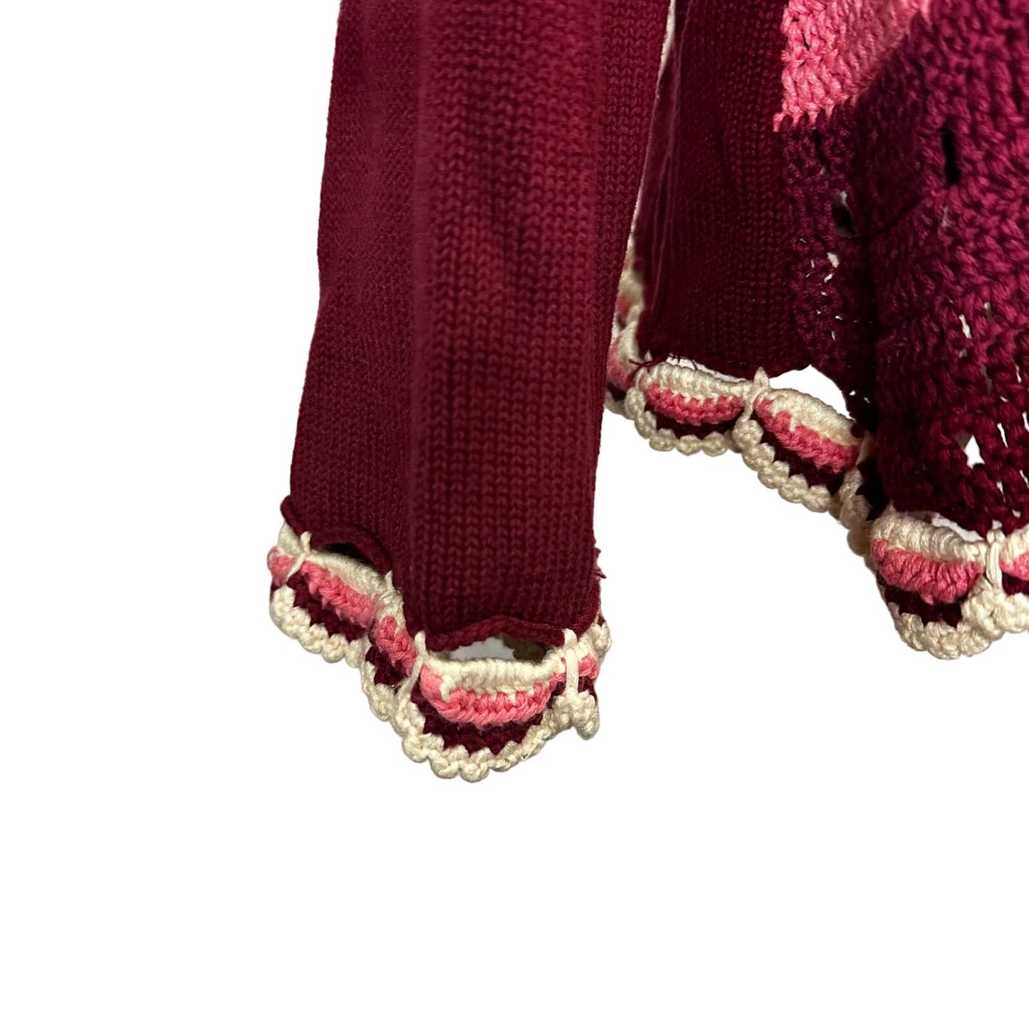 Storybook Knits Crochet Cozy Burgundy, Pink and Cream Cardigan Sz L