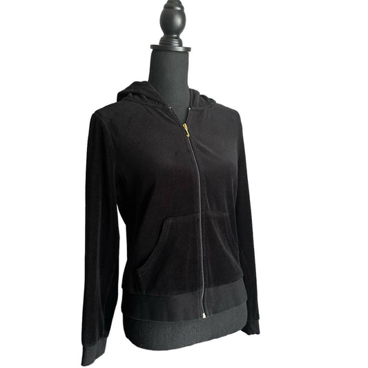 Juicy Couture Black Cotton Blend Velvet Like Hoodie with Zipper Sz M