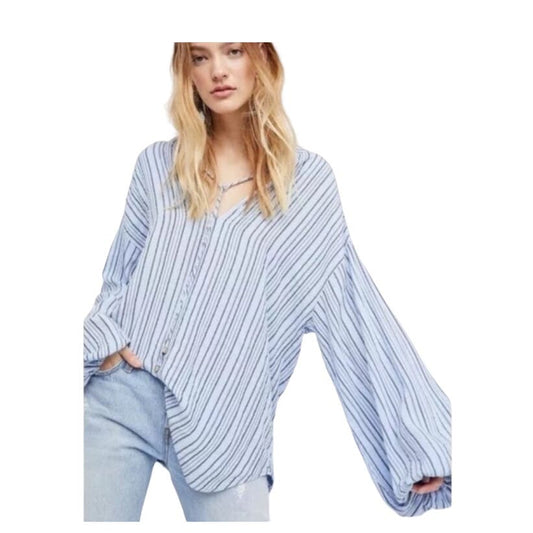 Free People Blue and Gray Stripped Oversized Blouse Sz XS