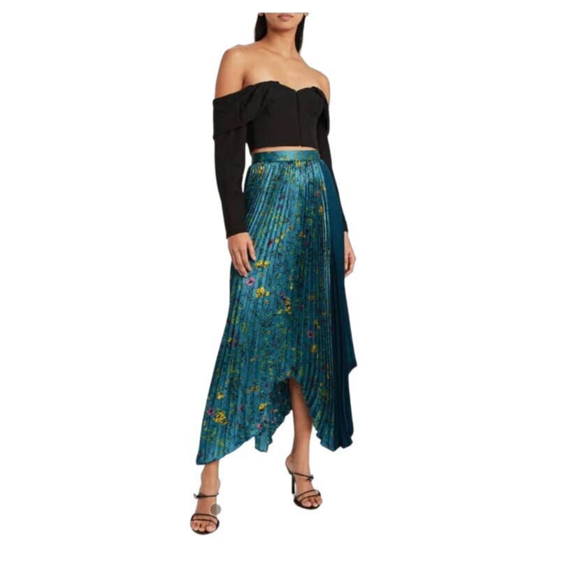New AMUR Fabie Pleated Floral Sating Blue Floral Skirt Sz 4