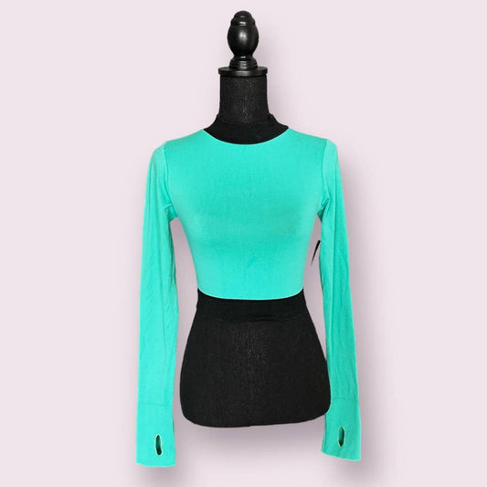 New Bebe Sport Long Sleeve Mockneck Green Athletic Crop Top Sz M/L