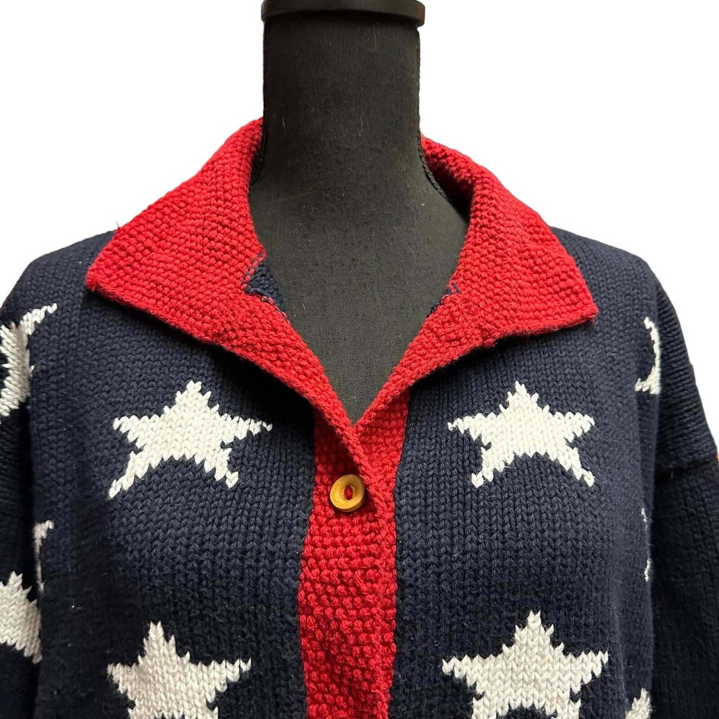 Cotton Salsa Hand-Loomed Cotton Star Blue, Red and White Cardigan Sz L